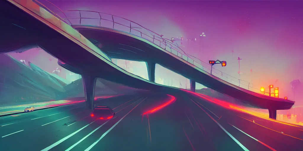 Prompt: A concept painting of an empty highway with a twisting large overpass above, dramatic lighting, 20mm lens, dutch angle, trending on Artstation, highly detailed, painting by Anton Fadeev
