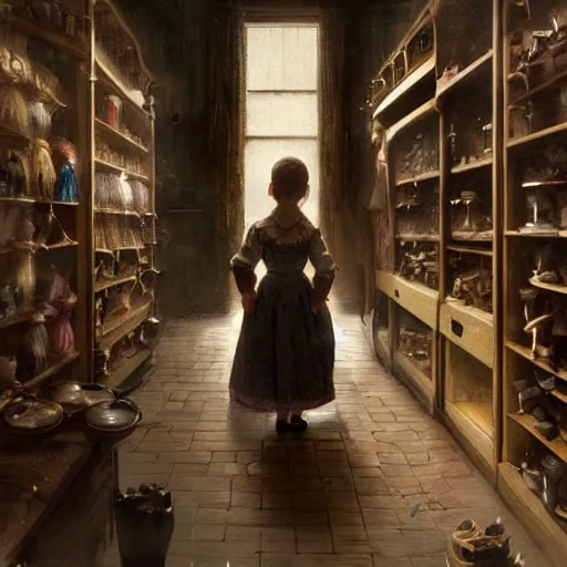 Image similar to human child standing in a victorian doll maker's shop looking at all of the dolls, high detail, digital art, painted by greg rutkowski, painted by seb mckinnon, trending on artstation