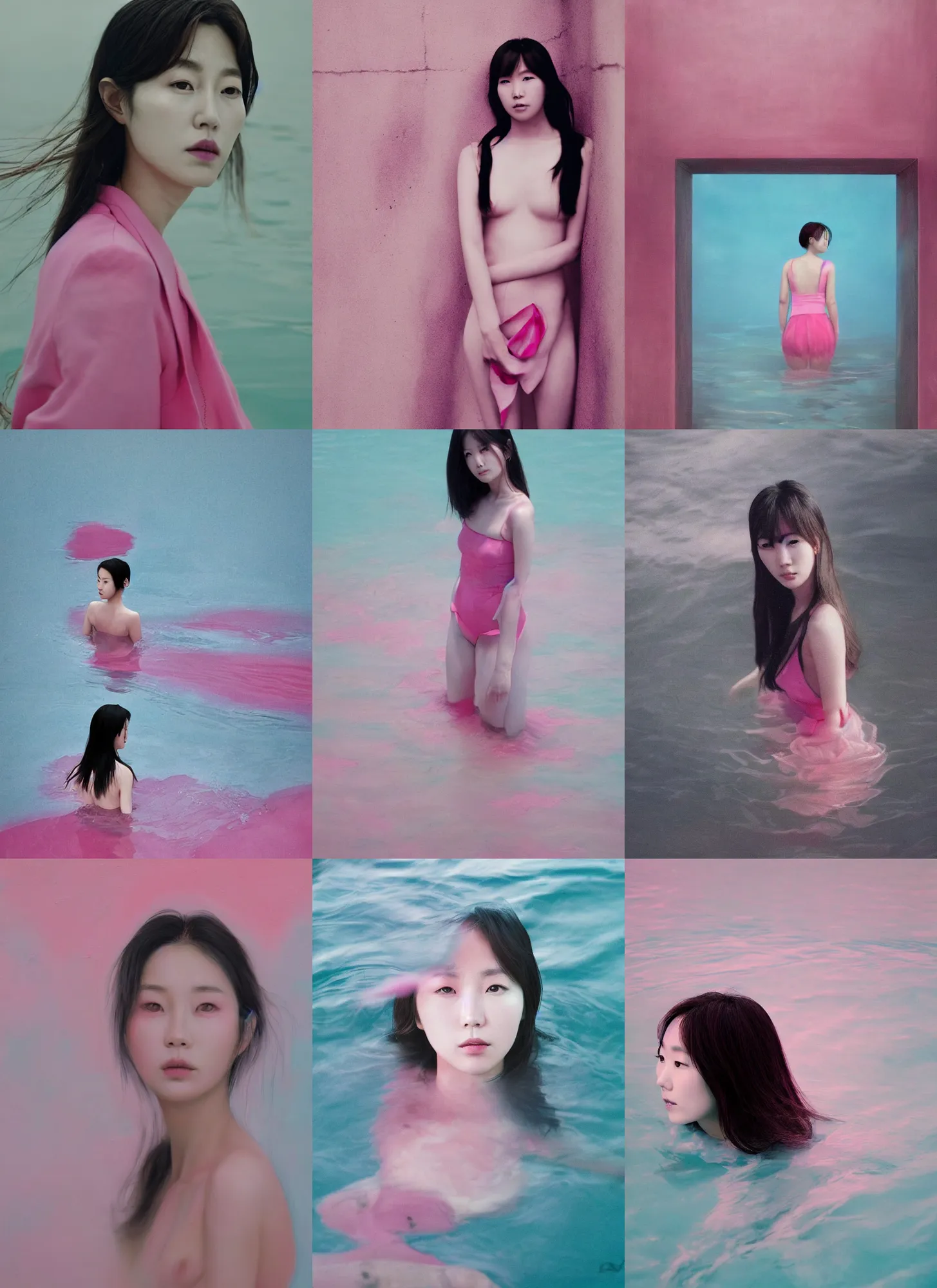 Prompt: lee jin - eun emerging from pink water by emily carroll, rule of thirds, seductive look, beautiful, cinematic atmosphere