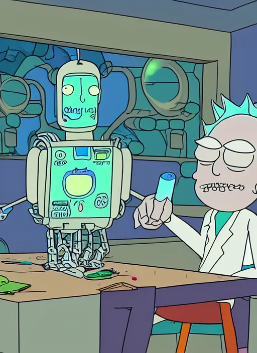 Image similar to a robot trying to draw a human hand, rick and morty art style illustration, justin roiland, dan harmon, location is a science fiction planet