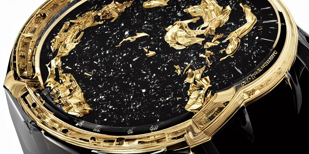 Prompt: sleek paracausal interstellar weaponry in gleaming obsidian black and scintillating 24K gold designed by HP