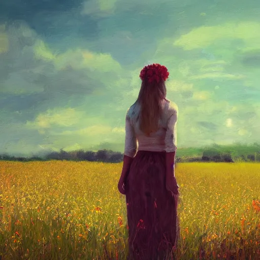 Prompt: woman standing in field, mattepainting, artstation, impressionism, flower head