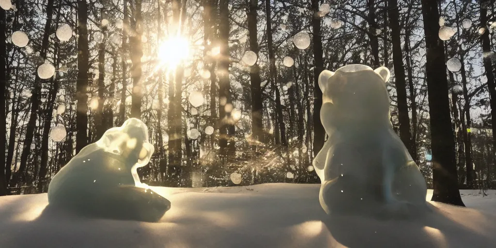 Prompt: a 3 5 mm lomography long shot photo of melted clear fresnel chronic glass bear toy turbulence surface in the sunshine winter forest, falling winter snow are reflected in the glass bear, foggy bottom, god rays, ultrasharp, detailed, cinematic