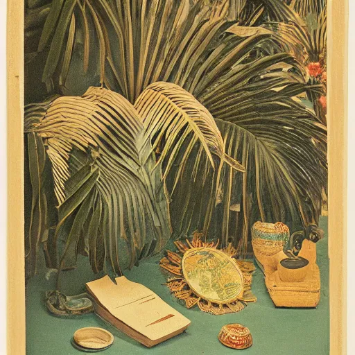 Prompt: An offset photography of an object on display, three colors, anthropology of wonder, ((exotic artifacts)), bauhause, (tropicalism), colonial expedition, exhibition, 60s style