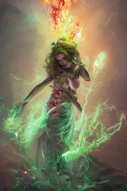 Prompt: beautiful girl necromancer, witch - doctor exploding into flowers fire crystal dress, angels, 3 d render, green magic, hyper realistic detailed portrait, holding electricity and birds, ruan jia, wlop. scifi, fantasy, magic the gathering, hyper detailed, octane render, concept art by artgerm, peter mohrbacher