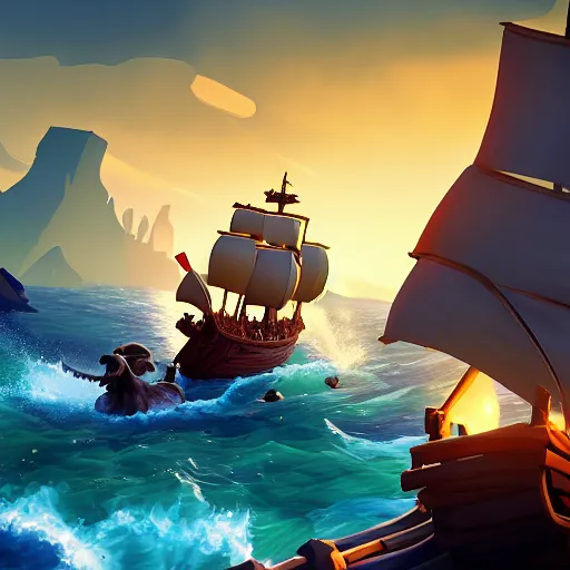 Image similar to sea of thieves scene with a hedgehog on a pirate ship, digital art, epic lighting, game screenshot, danish flag