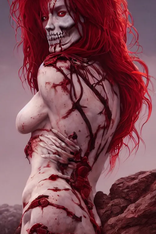 Image similar to woman skeleton covered with blood, long red hair, ultra realistic, concept art, intricate details, highly detailed, photorealistic, octane render, 8 k, unreal engine. mild film still, heavy grain, art by artgerm and greg rutkowski and alphonse mucha