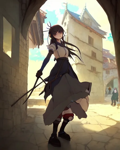 Image similar to pixiv, key anime visual portrait of a young female walking through a medieval village, dynamic pose, dynamic perspective, cinematic, dramatic lighting, detailed silhouette, film grain, yoshitaka amano, tending on artstation, face by yoh yoshinari, detailed, intricate