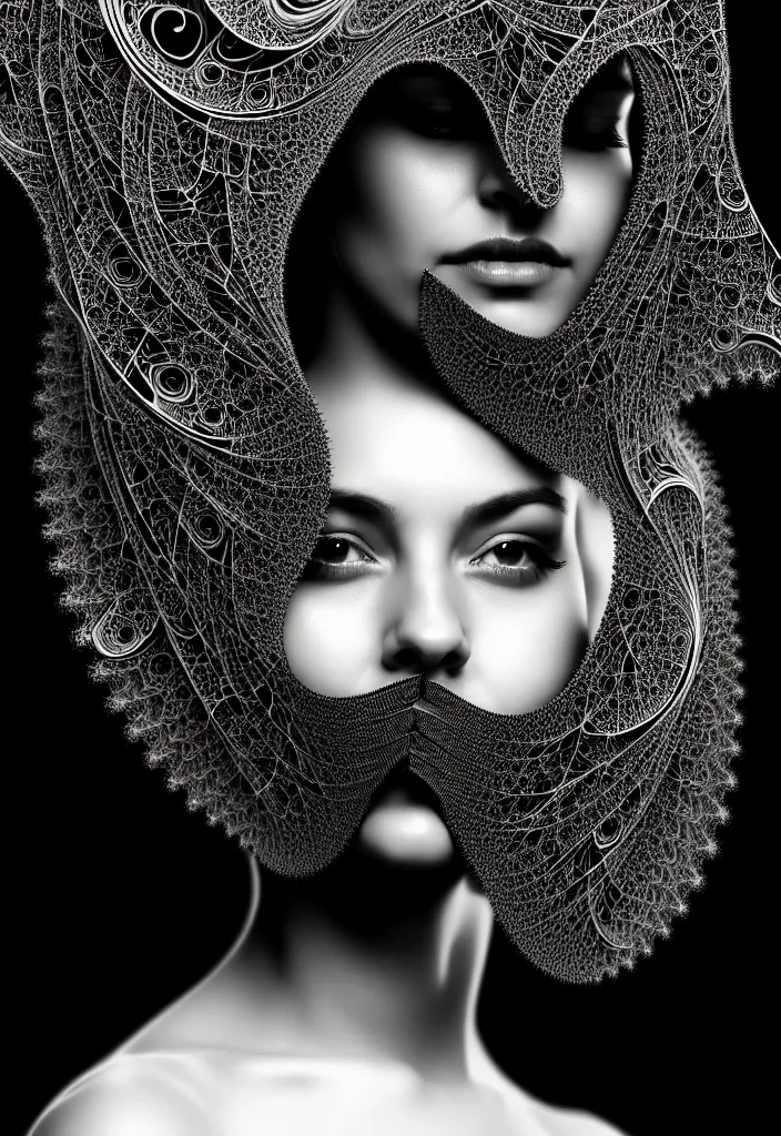 Prompt: portrait of a young beautiful woman with a partially face covering mask. fractal, mandelbulb technique. black and white, black on black. intricate, elegant, super highly detailed, professional digital painting, smooth, extreme illustration, 8k, 3D, beautiful, cinematic. art deco, art nouveau.