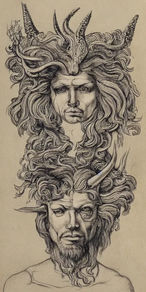 Image similar to human / eagle / lion / ox hybrid. horns, beak, mane, human body. drawn by da vinci