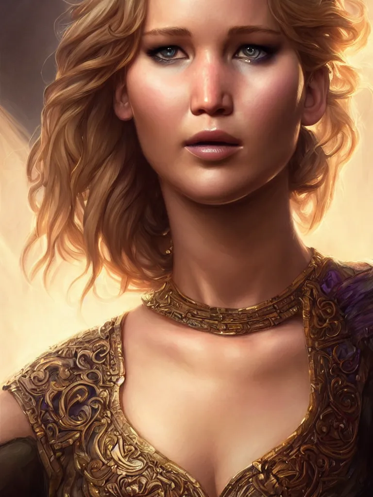 Image similar to Jennifer Lawrence, closeup, D&D, fantasy, intricate, elegant, highly detailed, digital painting, artstation, concept art, matte, sharp focus, illustration, hearthstone, art by Artgerm and Greg Rutkowski and Alphonse Mucha