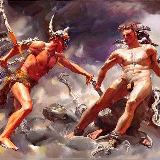 Image similar to detailed illustration of perseus vs medusa, hyper detailed, realistic, oil painting, artwork by greg manchess, cinematic lighting