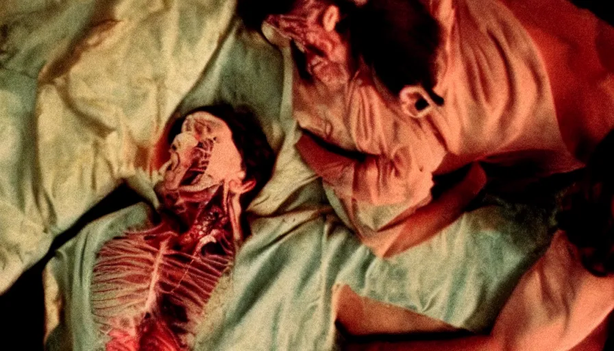 Image similar to 7 0 s film still from a horror movie about human anatomy and disease, kodachrome, cinecolor, cinestill, film grain, film texture, retro, cinematic, high resolution, photorealism,