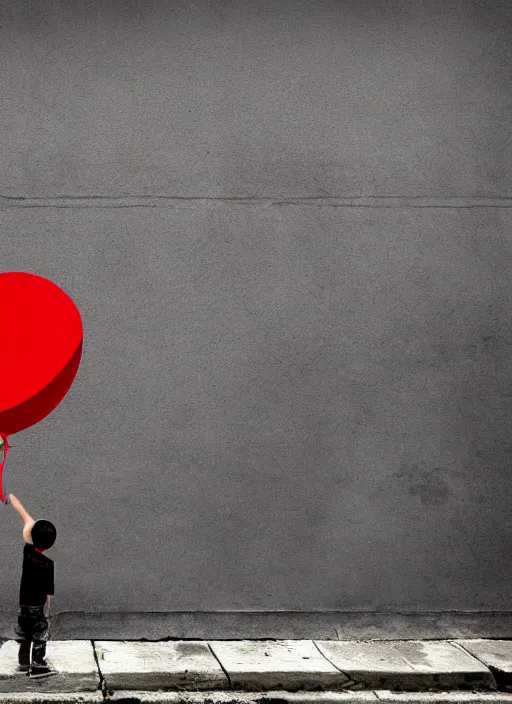 Prompt: a side profile of a boy letting go of a single red balloon on a concrete background in the style of Banksy, graffiti, digital art