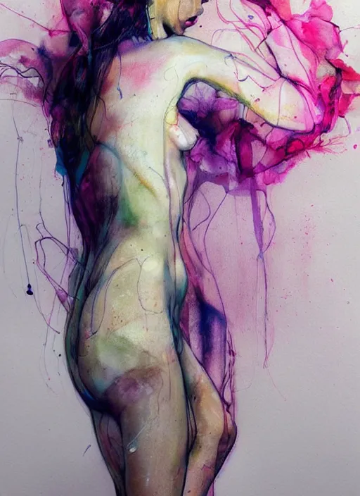 Prompt: sexy gorgeous woman in short by agnes cecile, view from back, bent - over posture, half body portrait, extremely luminous bright design, pastel colours, ink drips, autumn lights
