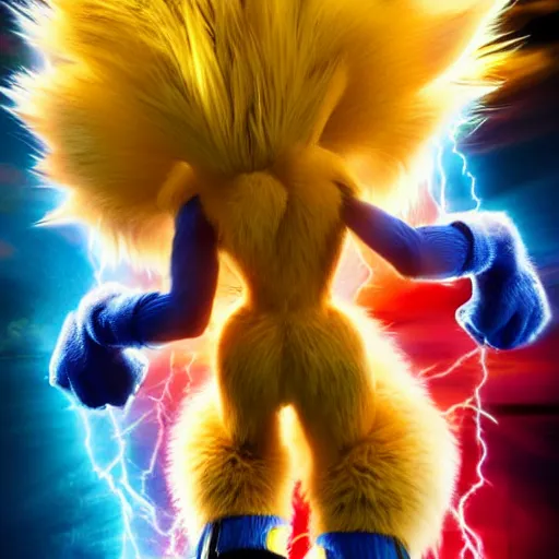 super saiyan sonic movie poster, yellow fur, super