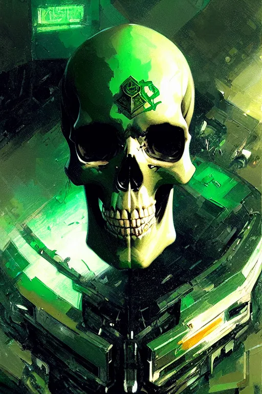 Prompt: extreme close up cyber skull military unit logo green background extreme detail portrait dnd, painting by gaston bussiere, craig mullins, greg rutkowski, yoji shinkawa