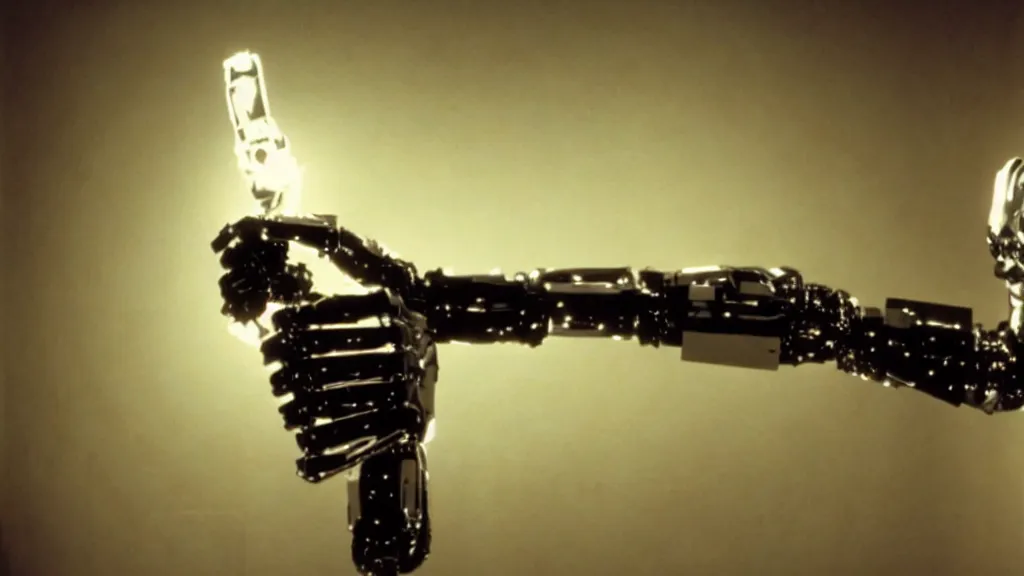 Prompt: movie scene of a robot extending hand, movie still, cinematic composition, cinematic light, by david lynch