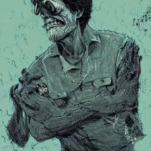 Image similar to Willem Dafoe covered in dirt chilling 2d illustration by Feng Zhu and Loish and Laurie Greasley, Victo Ngai, Andreas Rocha, John Harris, artstation, sharp focus