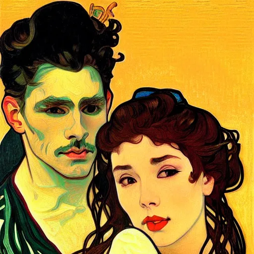 Image similar to painting of handsome young beautiful jeff and gorgeous rina together at the jack o'lantern halloween party, elegant, soft features, delicate facial features, clear, painting, stylized, art, art by alphonse mucha, vincent van gogh, egon schiele,