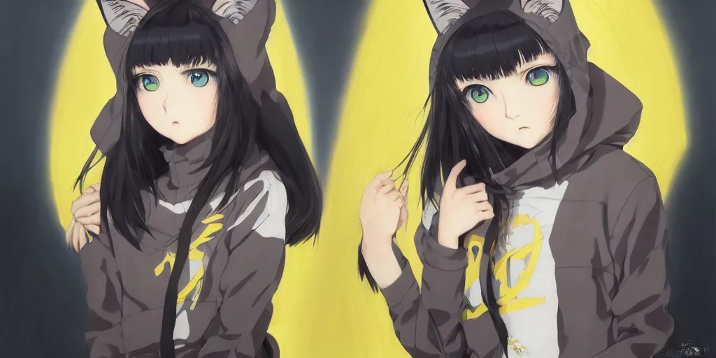 Image similar to with yellow eyes, a beautiful anime cyborg - girl wearing a cat hoodie, wlop, ilya kuvshinov, artgerm, krenz cushart, greg rutkowski, hiroaki samura, range murata, james jean, katsuhiro otomo, erik jones, serov, surikov, vasnetsov, repin, kramskoi