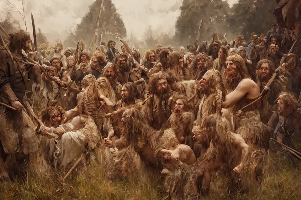 Image similar to historically accurate depiction of a Neanderthal wedding, highly detailed, centered, oil painting, artstation, realistic painting by WLOP