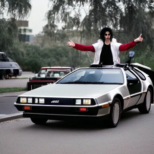 Image similar to michael jackson driving a delorean in a mid century modern style city during a green sunset