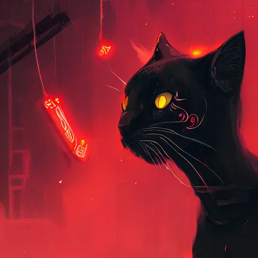 Prompt: a detailed matte painting of a black cat with red led eyes, by Ismail Inceoglu , concept art, featured on cgsociety