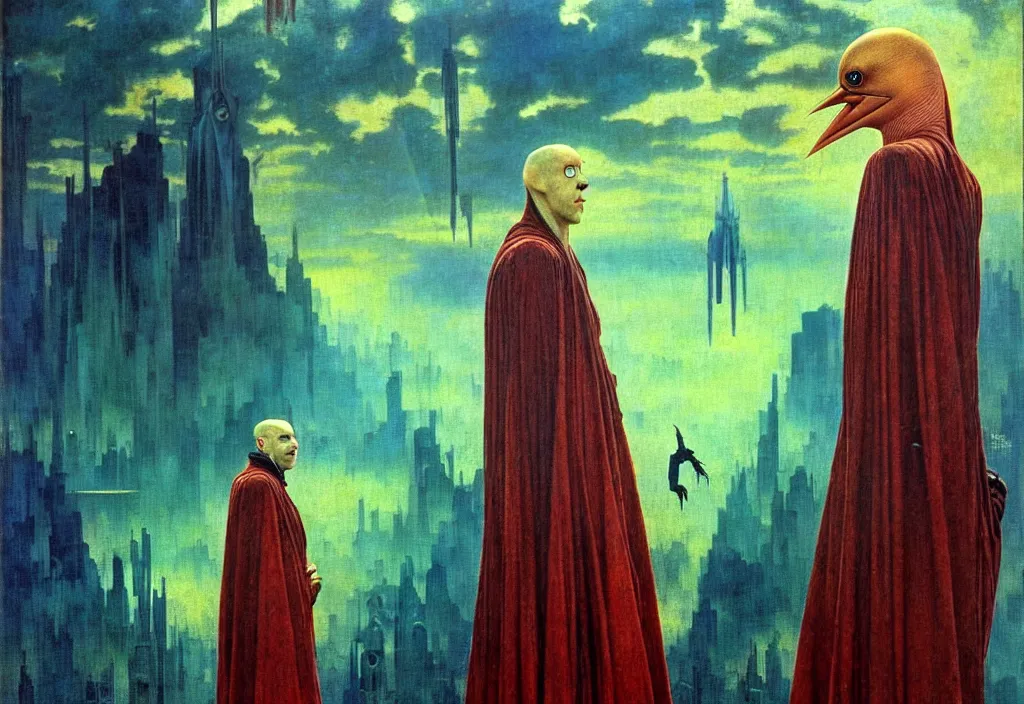 Image similar to realistic detailed portrait movie shot of a birdman wearing dark robes, sci fi city landscape background by denis villeneuve, amano, yves tanguy, alphonse mucha, ernst haeckel, max ernst, roger dean, masterpiece, rich moody colours, blue eyes, occult