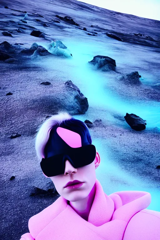 Prompt: high quality pastel coloured film wide angle selfie photograph of an androgynous cyber model standing in an icelandic black rock environment. three point light. photographic. art directed. pastel colours. volumetric light. stark. waves glitch. 8 k. filmic.