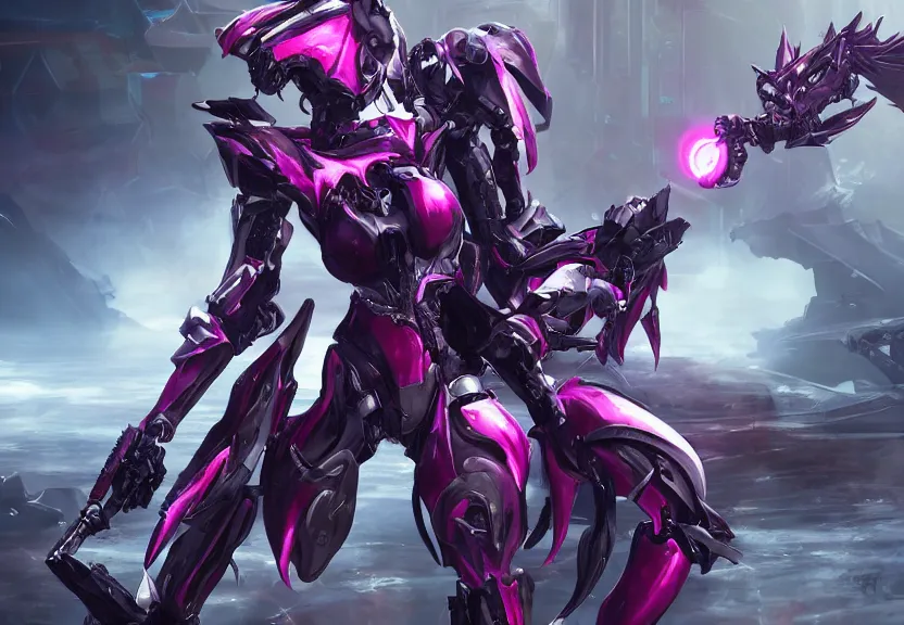 Prompt: epic cinematic shot of stunning beautiful anthropomorphic mecha female dragon fighting in the apocalypse with laser rifle, has silver armor and fuchsia skin, warframe fanart, terminator art, epic scale, furaffinity, deviantart, octane