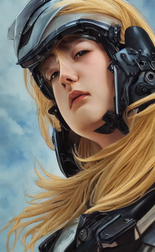 Prompt: side portrait of mechanized valkyrie, anime style, leather jacket, ace pilot, blonde hair, hair down, symmetrical facial features, from arknights, hyper realistic, 4 k, rule of thirds, extreme detail, detailed drawing, safebooru, hd, top gun, realistic lighting, by alphonse mucha, greg rutkowski, backlit