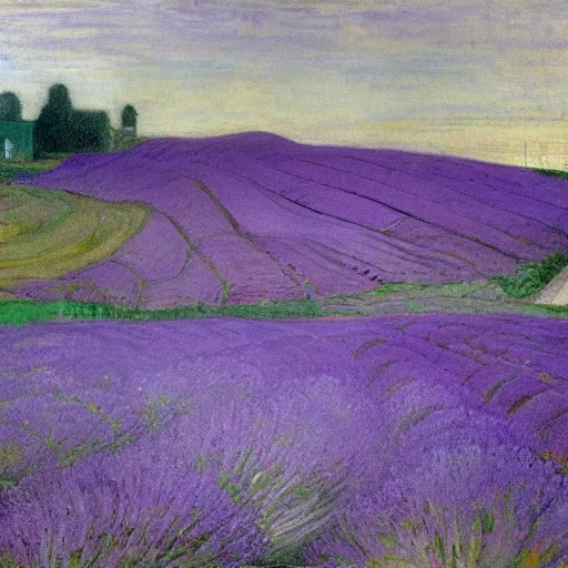 Prompt: painting of lavender field, highly detailed, beautiful lighting, mill in background by james abbott mcneill whistler