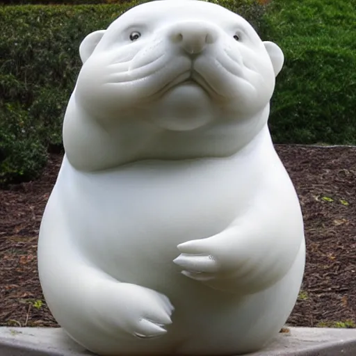 Prompt: marble sculpture of a fat otter holding a bag of groceries