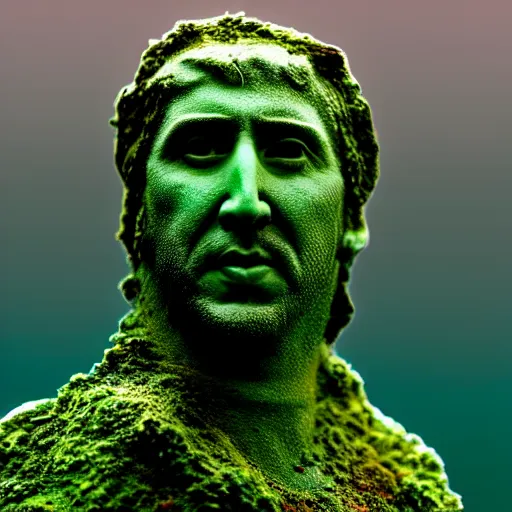 Prompt: Nicolas Cage underwater mossy old statue, photo, dark, kelp and moss all over, bottom of ocean, deep ocean, bottom of ocean, dark, 35mm, fish, underwater landscape, 4k, detailed, photorealistic, photo, Atlantis, underwater camera