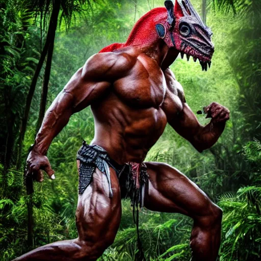 Image similar to a yautja predator in the jungle 4 k, high resolution, still, landscape, hd, dslr, hyper realistic, body builder, mr universe