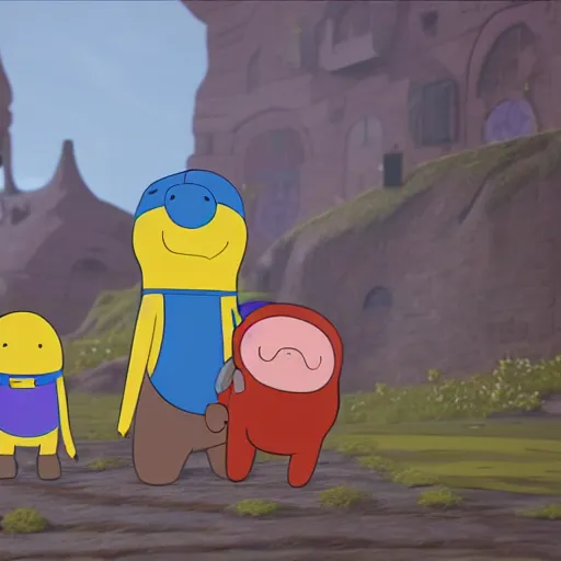 Image similar to finn and jake from adventure time in final fantasy 7, highly detailed painting, unreal engine