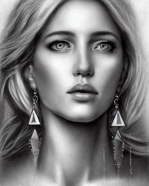 Image similar to pencil drawing of a beautiful greek goddess aphrodite with arrowhead earrings, beautiful piercing eyes, beautiful blonde hair, hyper realistic face, in the style of greg rutkowski, fantasy, amazing detail, epic, elegant, smooth, sharp focus, from the front