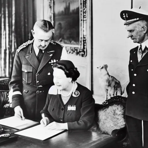 Image similar to ultra wide 1 9 4 6 historical photo of a single german general signing a peace treaty, a young queen elizabeth holds a corgi and watches the general sign the treaty, french village interior, highly detailed, sharp focus