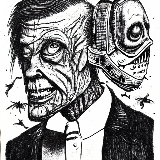 Image similar to a Pop Wonder scary horror themed goofy-hilarious-swamp-bog-monster-spaced-out-dead-head-with-space-in-his-oraphus, 3-piece-suit, dime-store-comic drawn with charcoal and pen and ink, half-tone-line-stacking