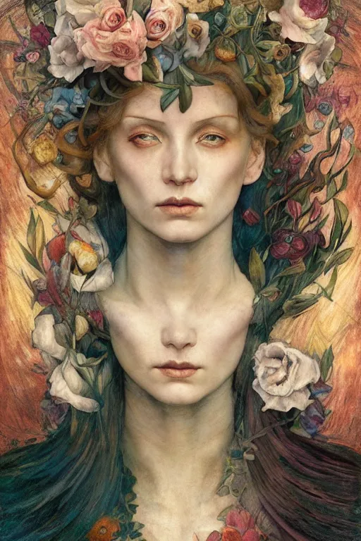 Image similar to flower maiden, by annie swynnerton and tino rodriguez and charlie bowater and tom bagshaw and nicholas roerich and jean delville and evelyn de morgan and lucien freud, dramatic lighting, floral tattoos, rich colors, smooth sharp focus, anime key visual, extremely detailed, adolf wolfli