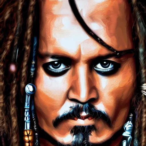 Image similar to portrait of johnny depp as captain jack sparrow, highly detailed, centered, solid color background, digital painting