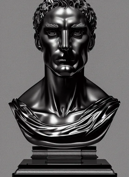 Prompt: stylized shiny metal and black ornate statue bust made of marble of hercules, perfect symmetrical body, perfect symmetrical face, hyper realistic, hyper detailed, by johannen voss, by michelangelo, octane render, blender, 8 k, displayed in pure white studio room