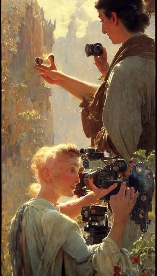 Image similar to hyper realistic photographer looking through camera, magical, painted by james gurney, norman rockwell, tom bagshaw, mucha, gaston bussiere, craig mullins, j. c. leyendecker 8 k