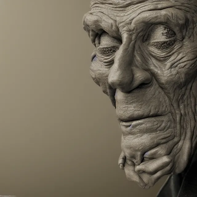 Image similar to photography of a sculpture of Samuel Beckett made of clay by Sebastian Kruger and Michelangelo, 50mm, studio atmosphere, 8K, rim light, octane render, ultra-realistic