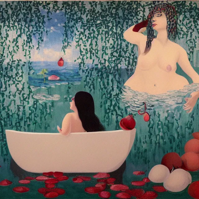 Image similar to female emo art student in her bath, painting of flood waters inside an artist's feminine bedroom, a river flooding indoors, pomegranates, pigs, ikebana, water, octopus, river, rapids, waterfall, black swans, canoe, berries, acrylic on canvas, surrealist, by magritte and monet