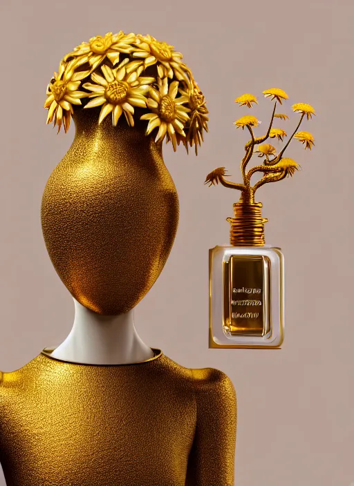 Prompt: mannequin carrying perfume bottle, biomechanical gold corals daisies rhizomorphs in an ivory room well contoured smooth fair walls, up close shot, sharp focus, global illumination, radiant light, alexandre ferra white mecha, irakli nadar, octane highly render, 4 k, ultra hd,