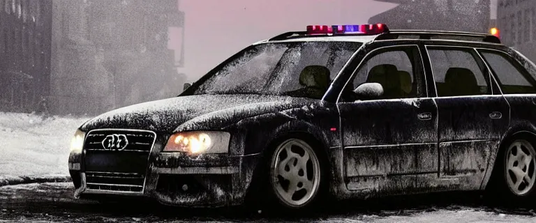 Prompt: Audi A4 B6 Avant (2002), a gritty neo-noir, dramatic lighting, cinematic, eerie person, death, homicide, homicide in the snow, viscera splattered all over the car, gunshots, establishing shot, extremely high detail, photorealistic, arson, burning city, cinematic lighting, artstation, by simon stalenhag, Max Payne (PC) (2001) winter New York at night, In the style of Max Payne 1 graphic novel, flashing lights, Poets of the Fall - Late Goodbye