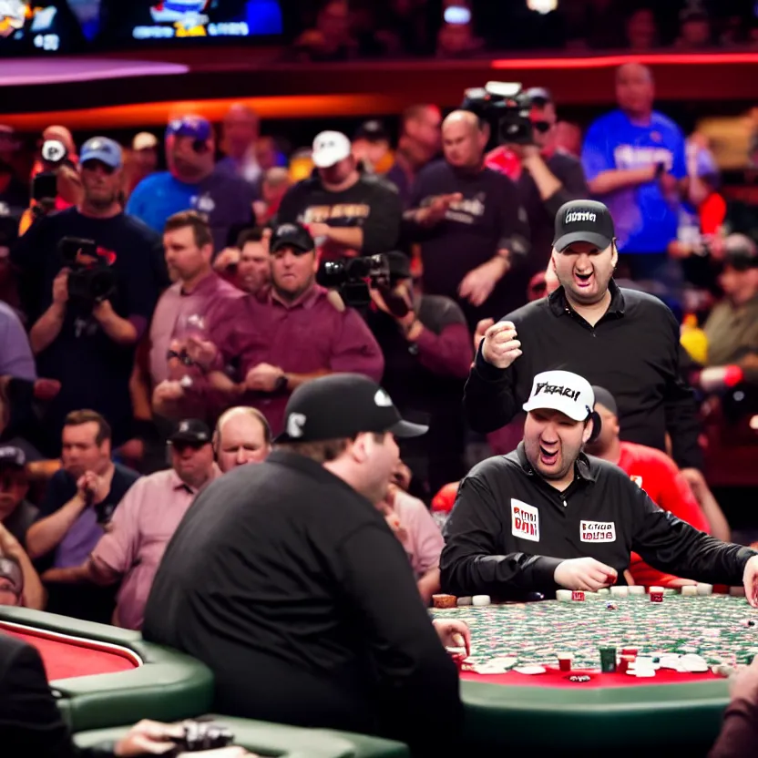 Image similar to studio professional photo of phil hellmuth giving a tantrum in the world series of poker final table, wide angle lens, cheering crowd, cameras, cable news, 3 5 mm, canon, sharp focus, centered shot at the table, breathtaking, groundbreaking, award winning, superb, cinematic, 4 k, high resolution, hyper realist, intricate, ultra detailed, rich moody colors