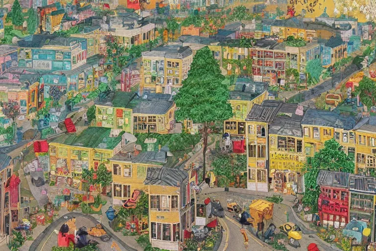 Image similar to an elaborate and dense painting of a peaceful neighborhood, detailed, made of alcohol ink on parchment and penned illustrations, by richard scarry and beeple